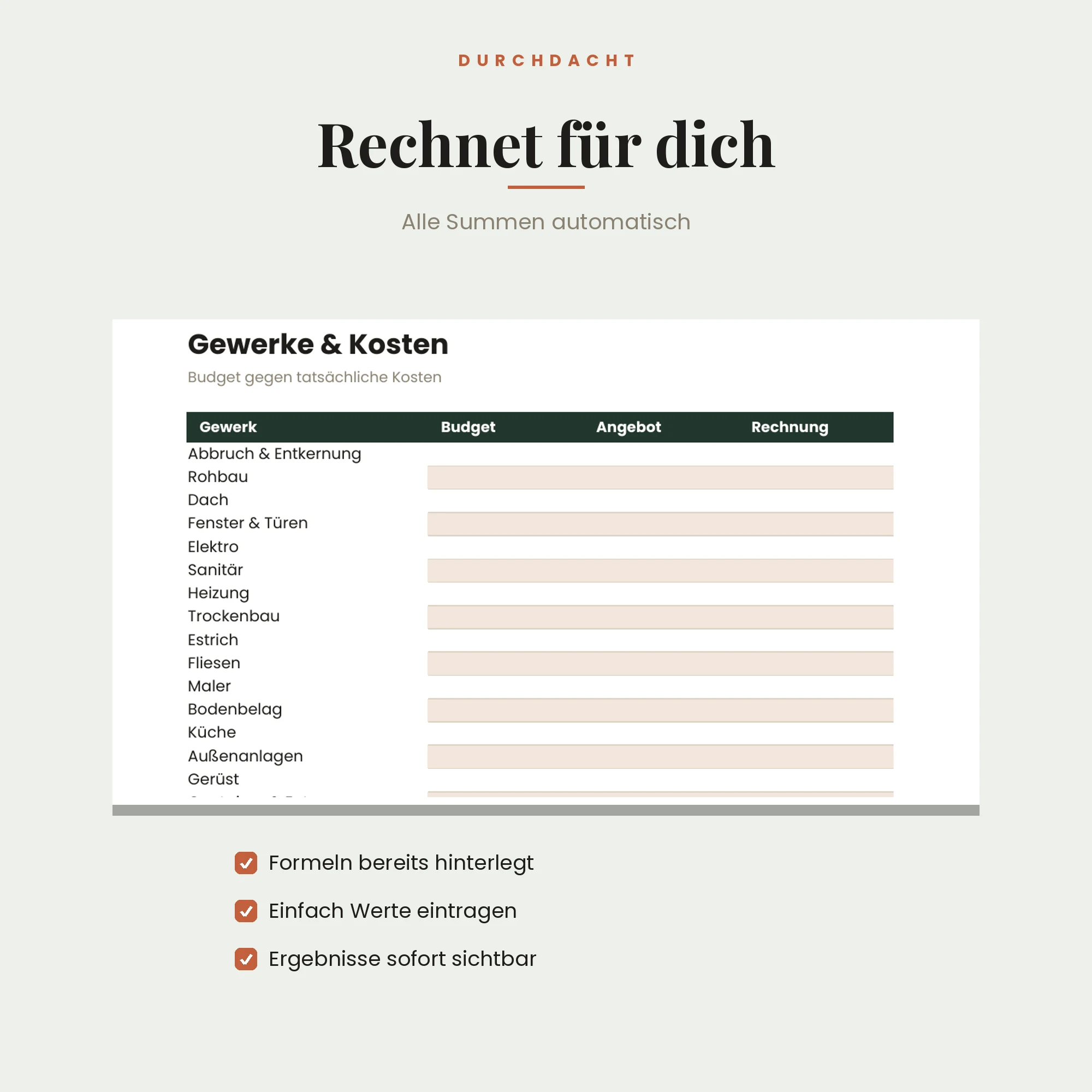 Bauprojekt-Kalkulation – Detailansicht