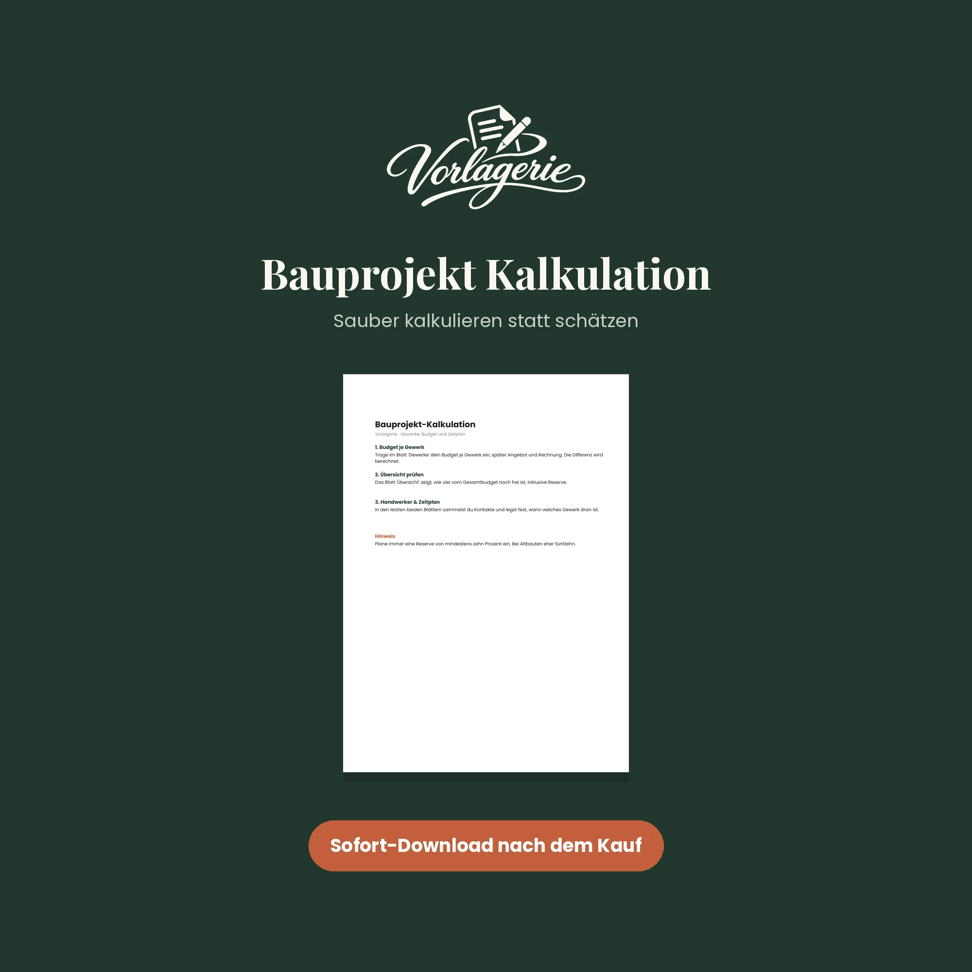 Bauprojekt-Kalkulation – Vorlagerie