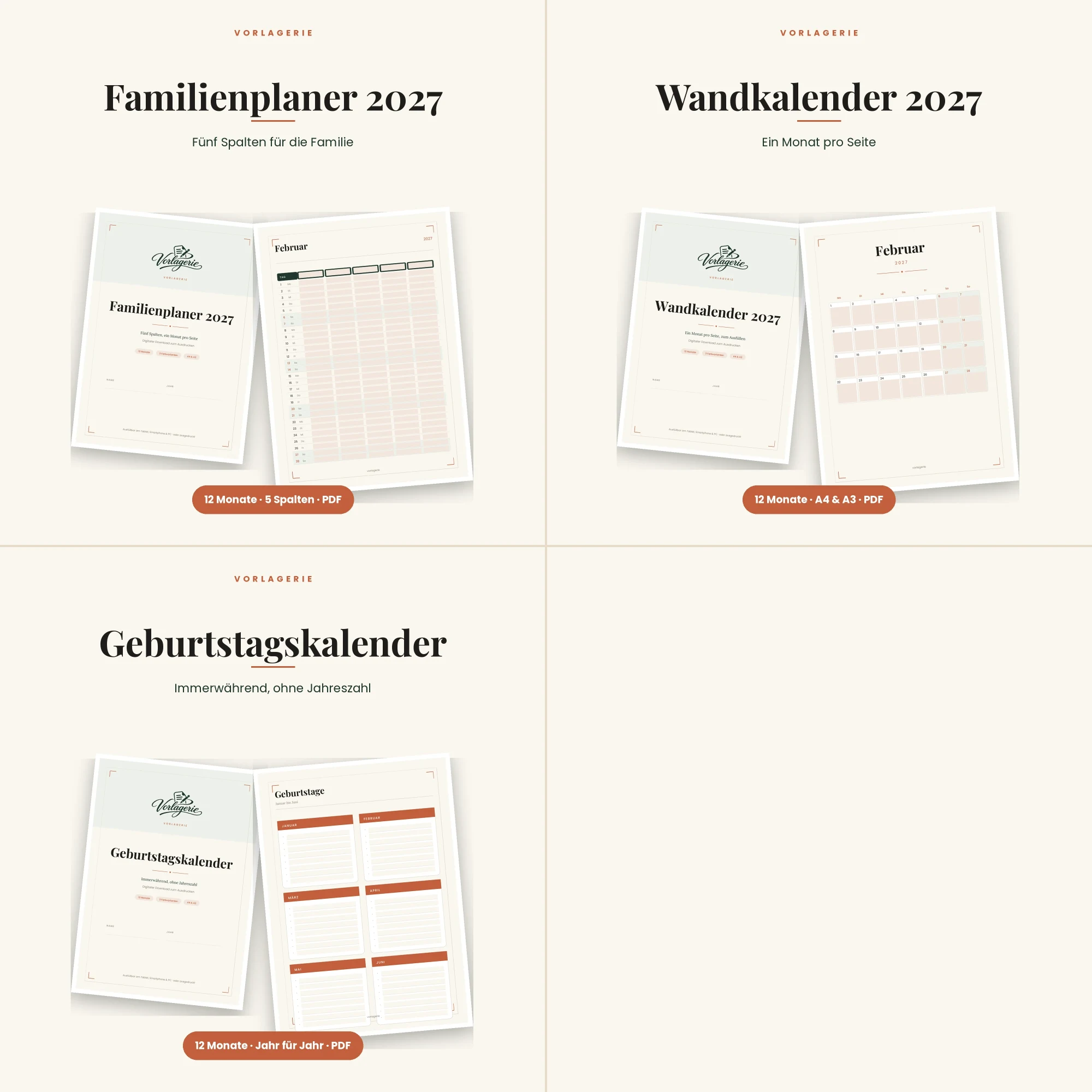 Kalender-Bundle 2027 – alle enthaltenen Vorlagen
