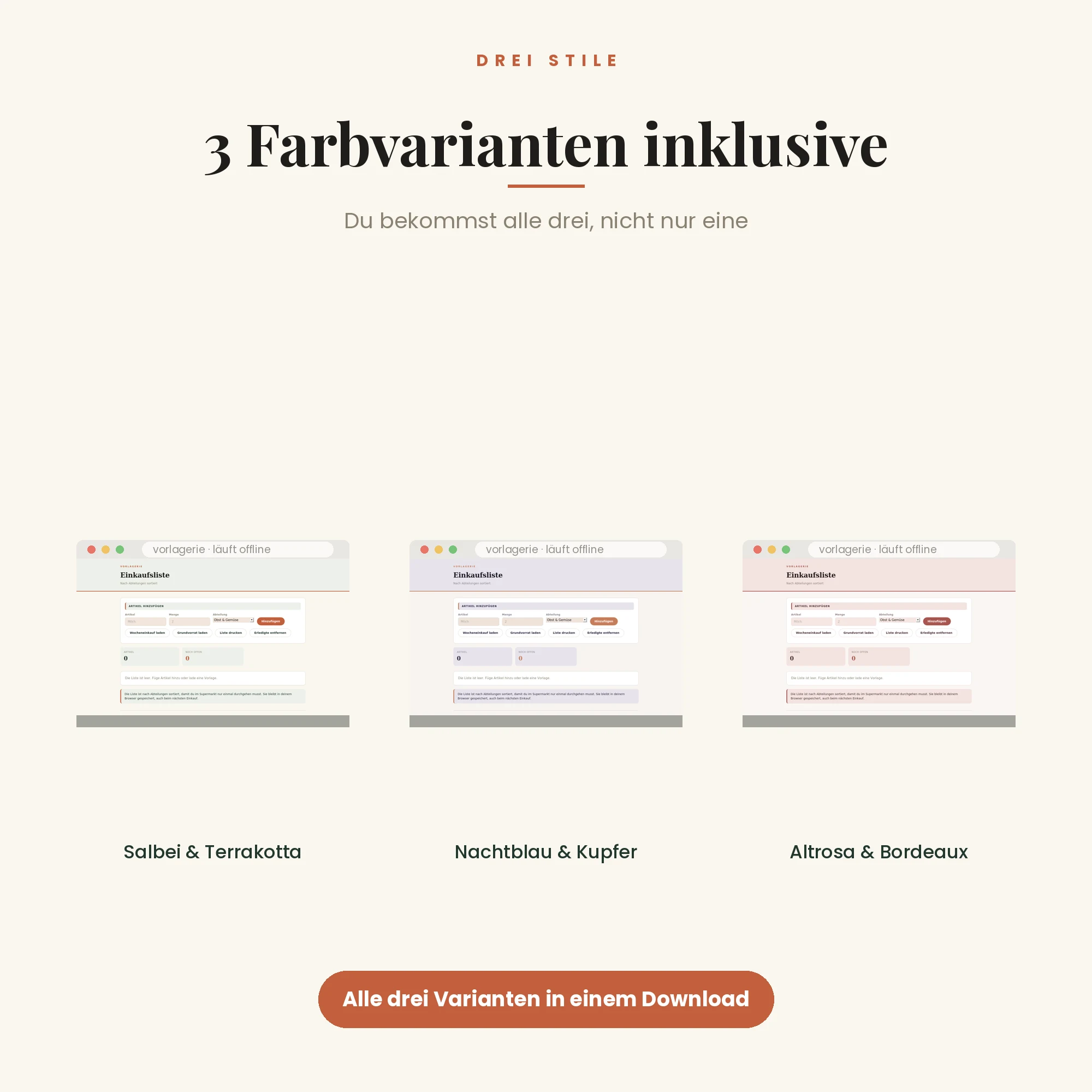 Einkaufsliste – drei Farbvarianten inklusive