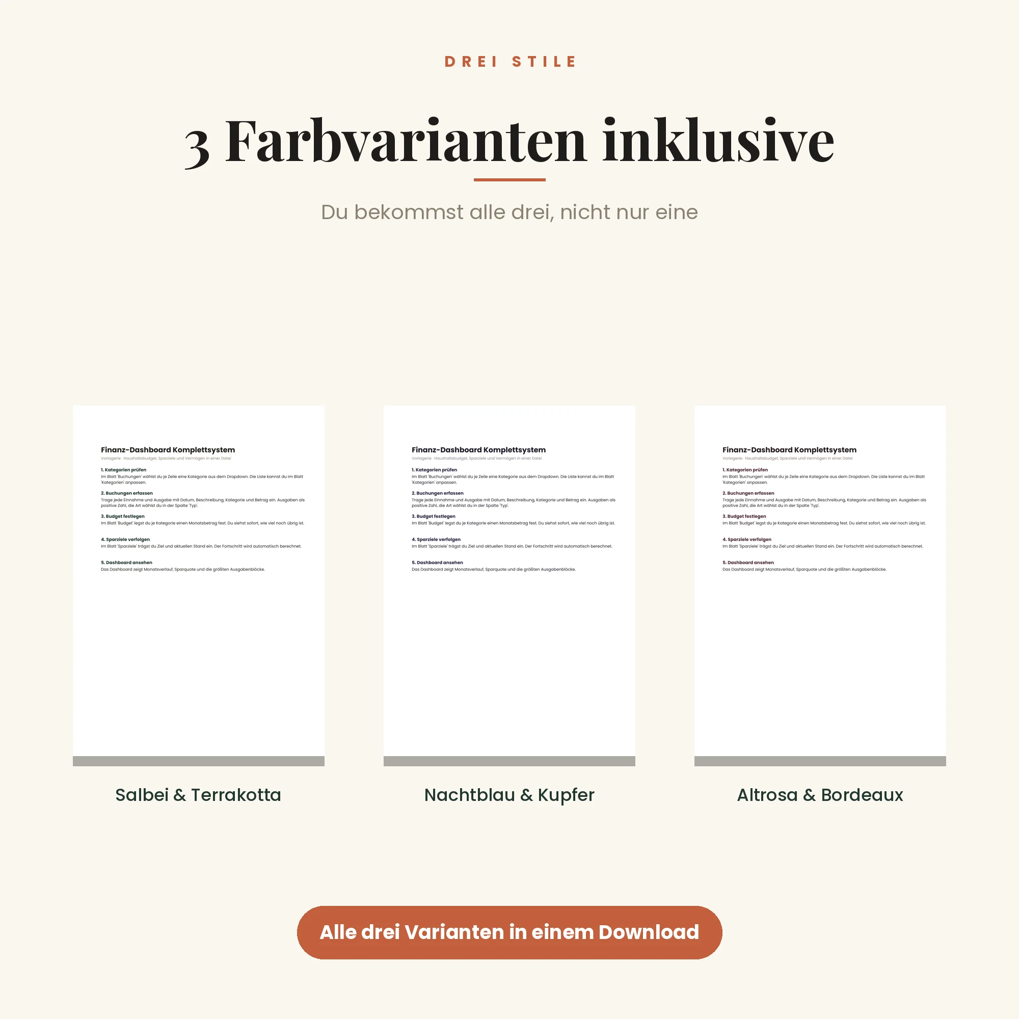 Finanz-Dashboard Komplettsystem – drei Farbvarianten inklusive