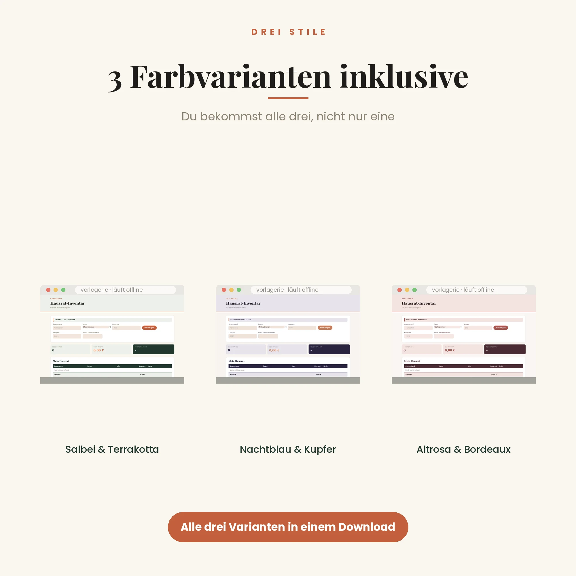 Hausrat-Inventar – drei Farbvarianten inklusive