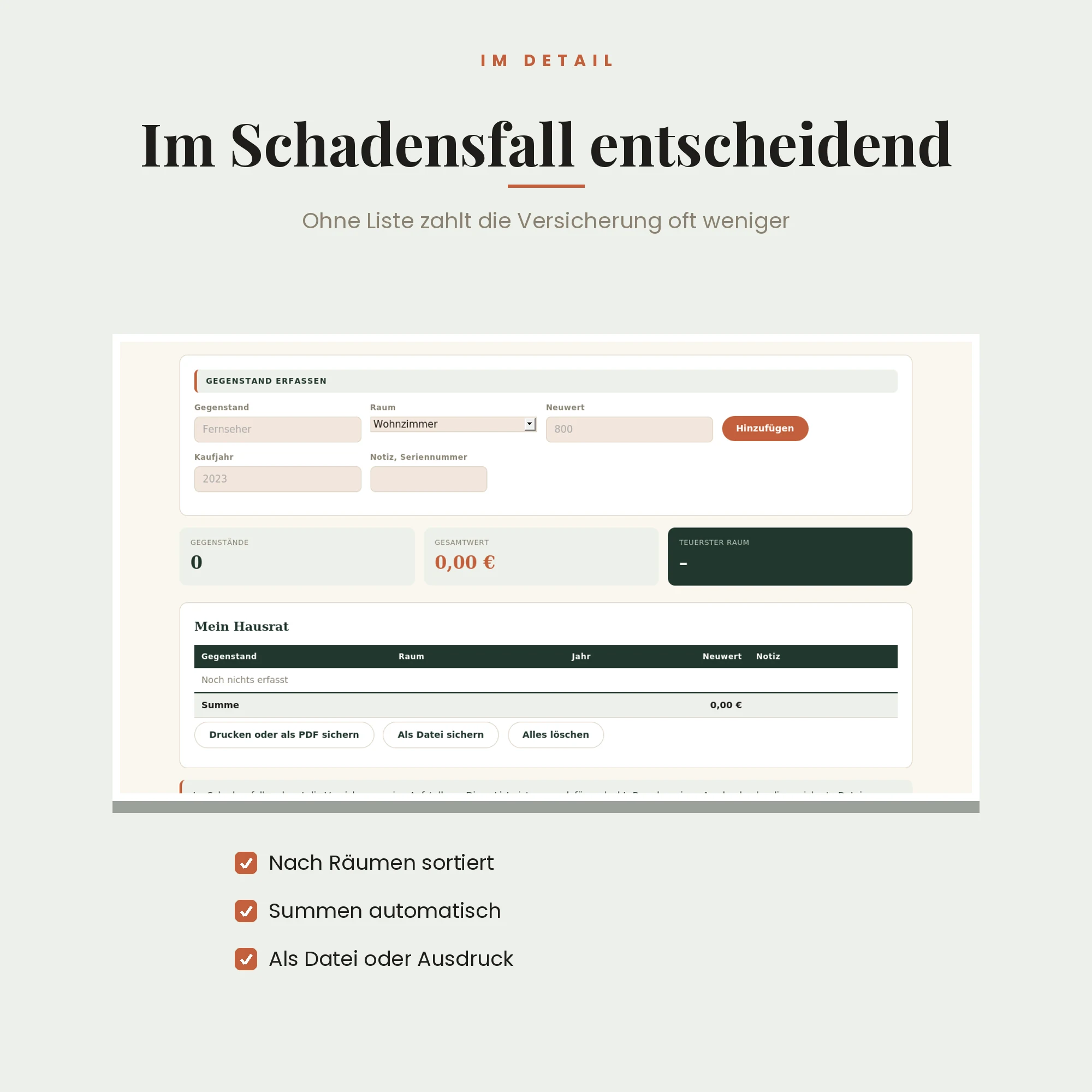 Hausrat-Inventar – Detailansicht