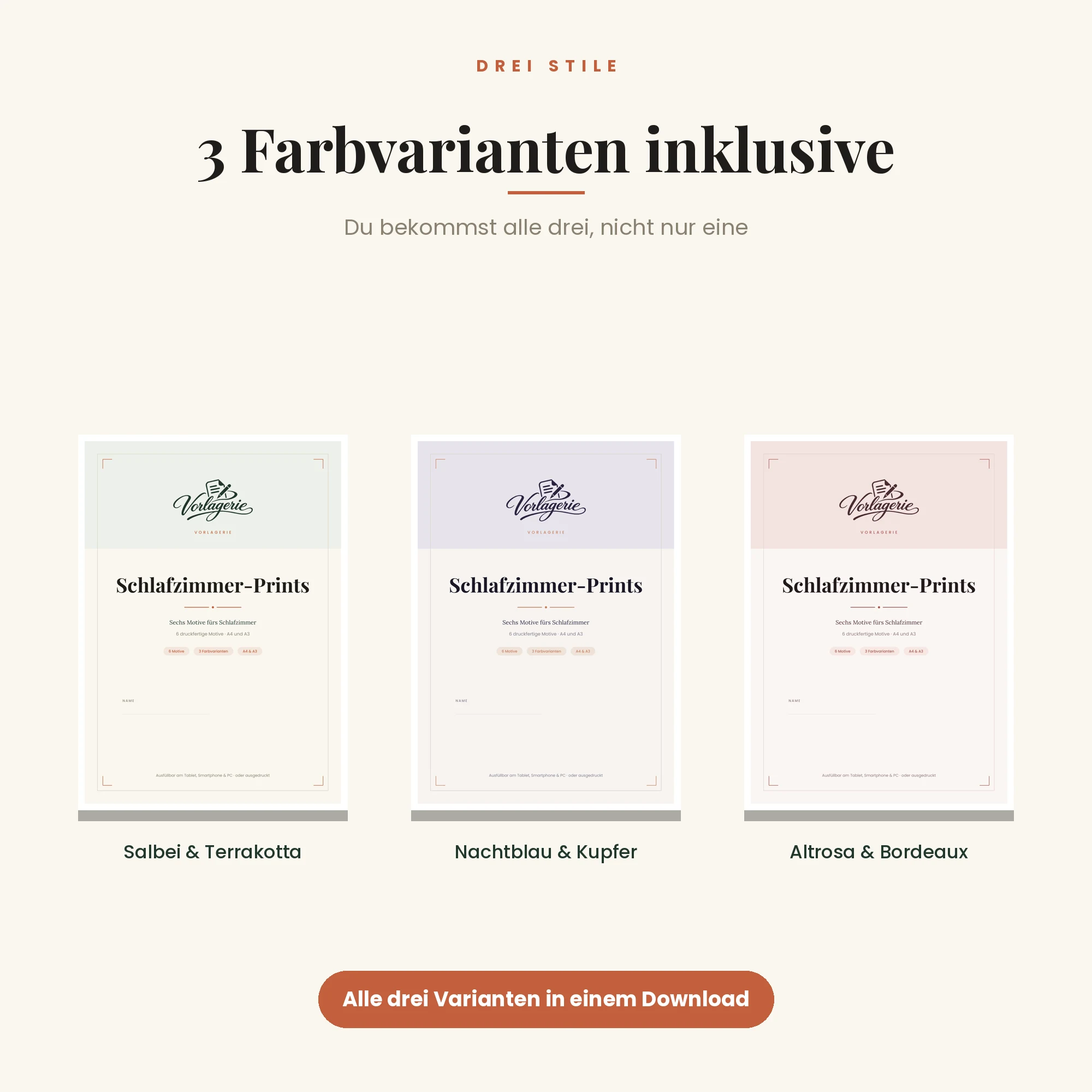 Schlafzimmer-Kunstdrucke, 6 Motive – drei Farbvarianten inklusive