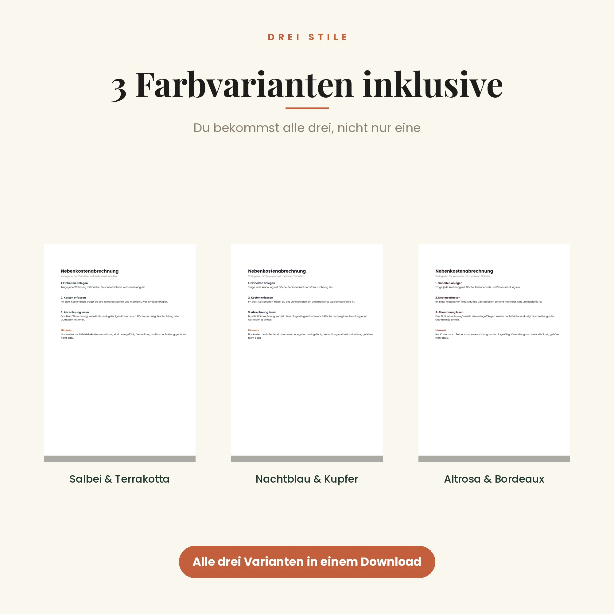 Nebenkostenabrechnung für Vermieter – drei Farbvarianten inklusive