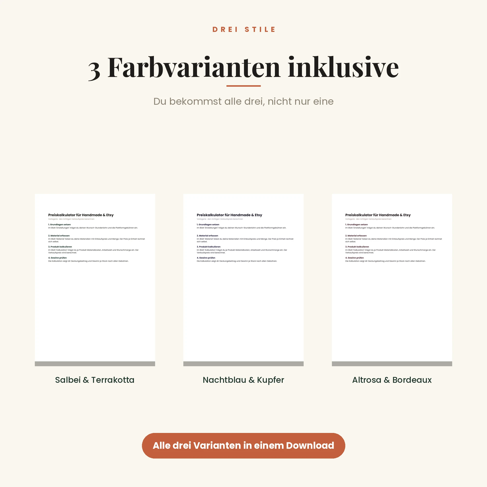 Preiskalkulator für Handmade & Etsy – drei Farbvarianten inklusive