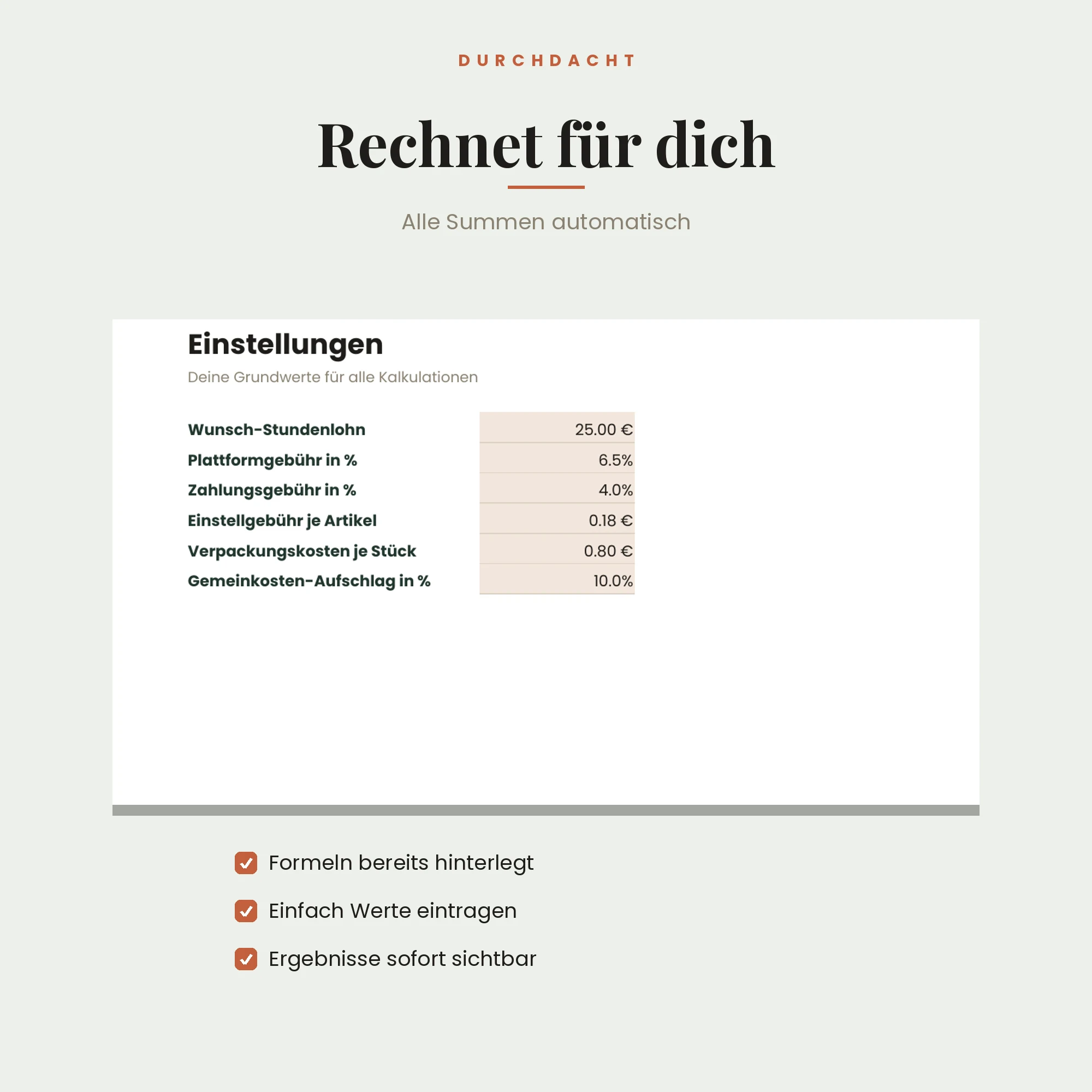 Preiskalkulator für Handmade & Etsy – Detailansicht