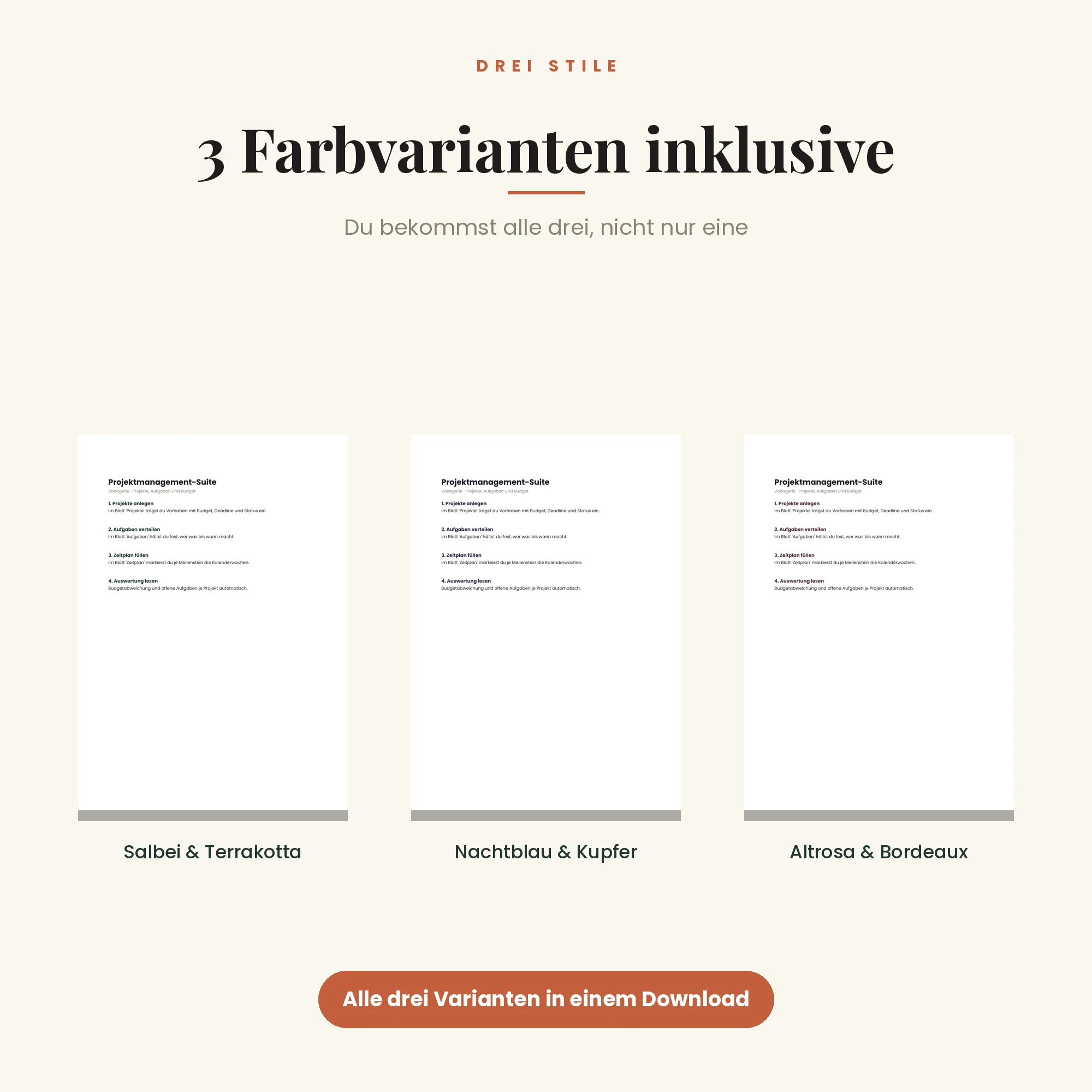Projektmanagement-Suite – drei Farbvarianten inklusive