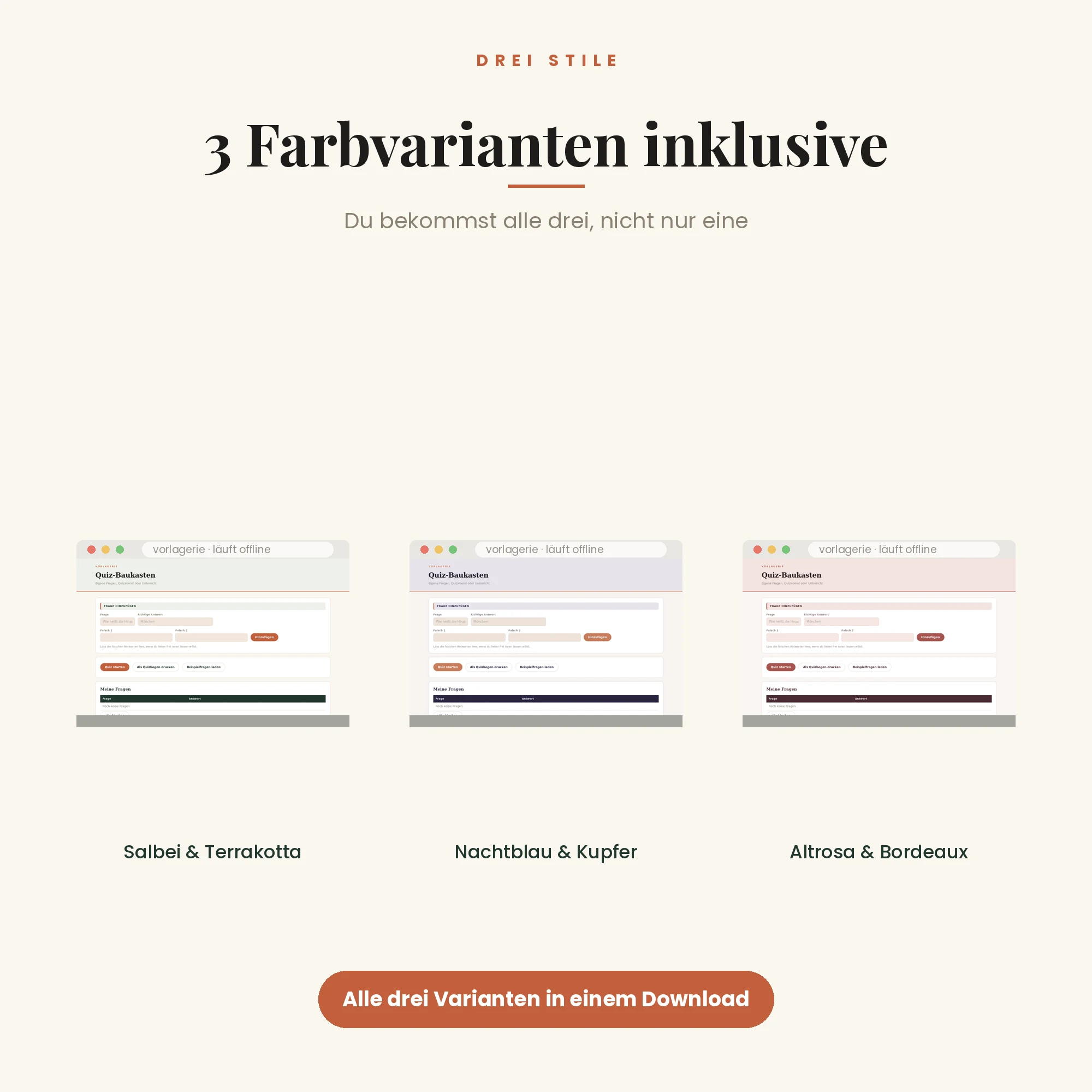 Quiz-Baukasten – drei Farbvarianten inklusive