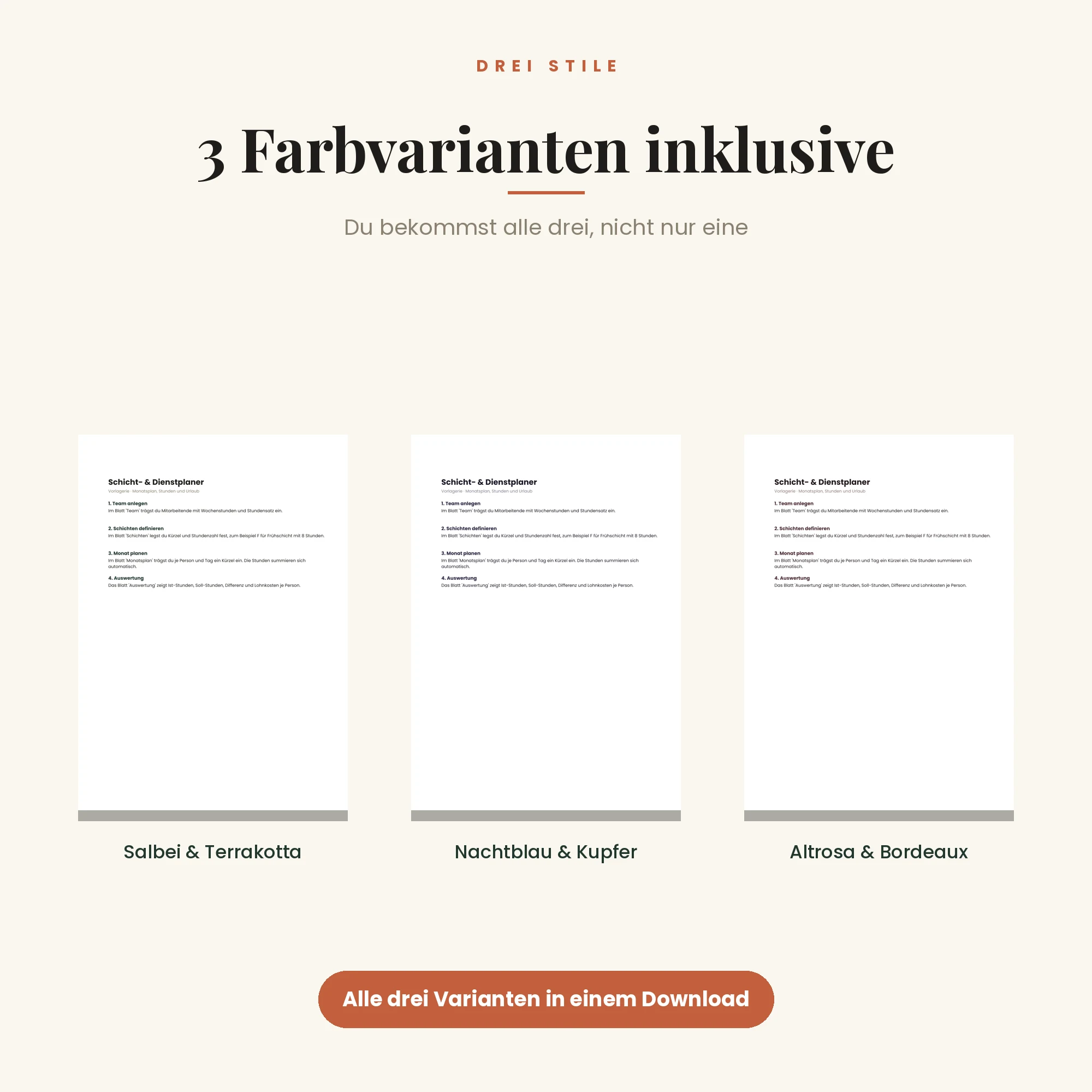 Schichtplaner & Dienstplan – drei Farbvarianten inklusive