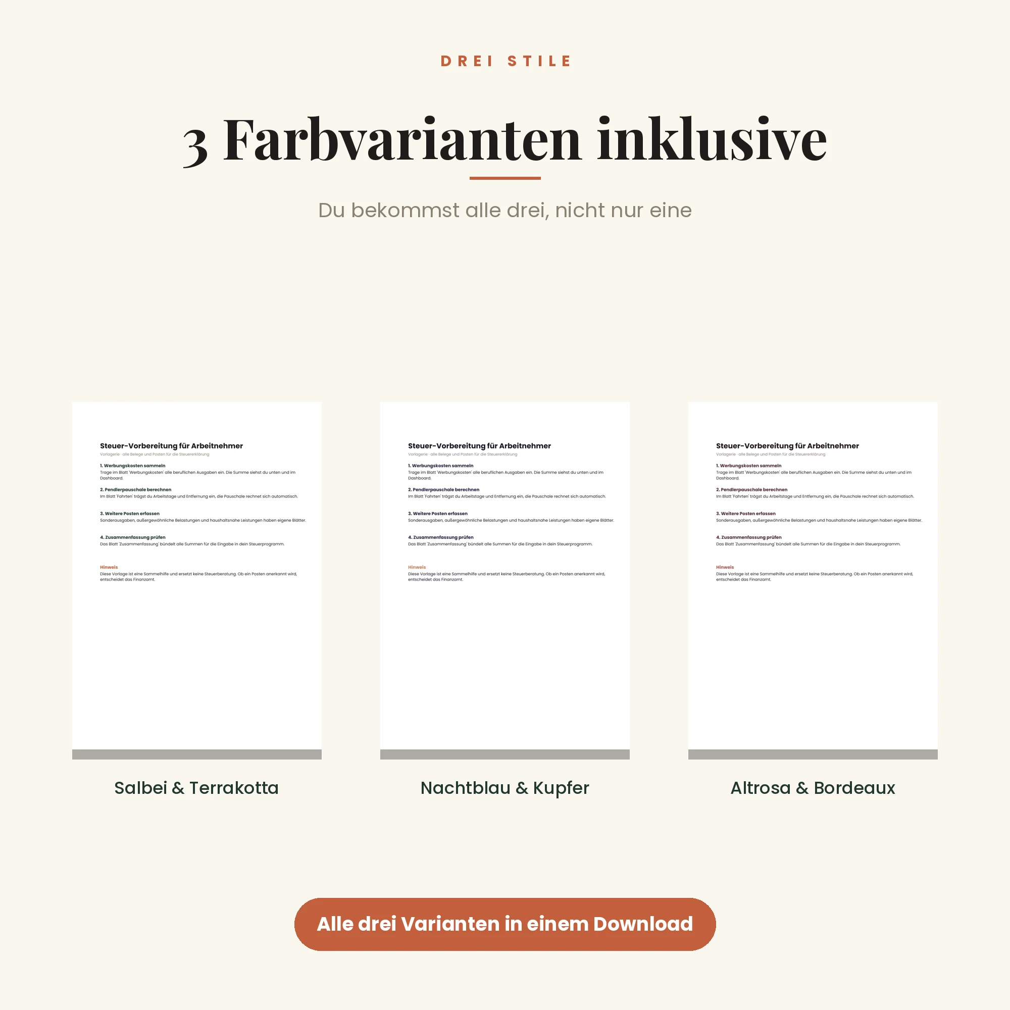 Steuer-Vorbereitung Arbeitnehmer – drei Farbvarianten inklusive