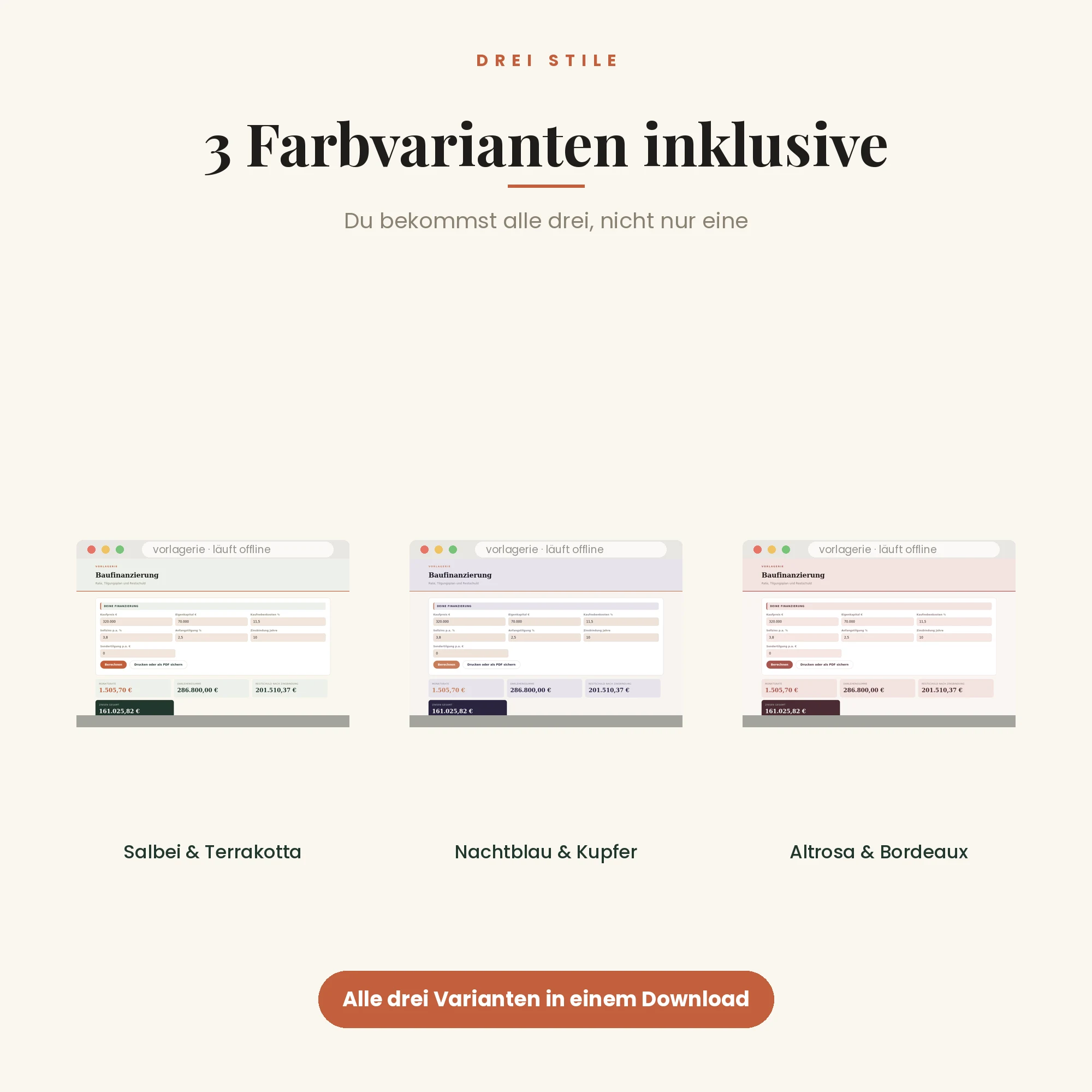 Baufinanzierungs-Rechner – drei Farbvarianten inklusive
