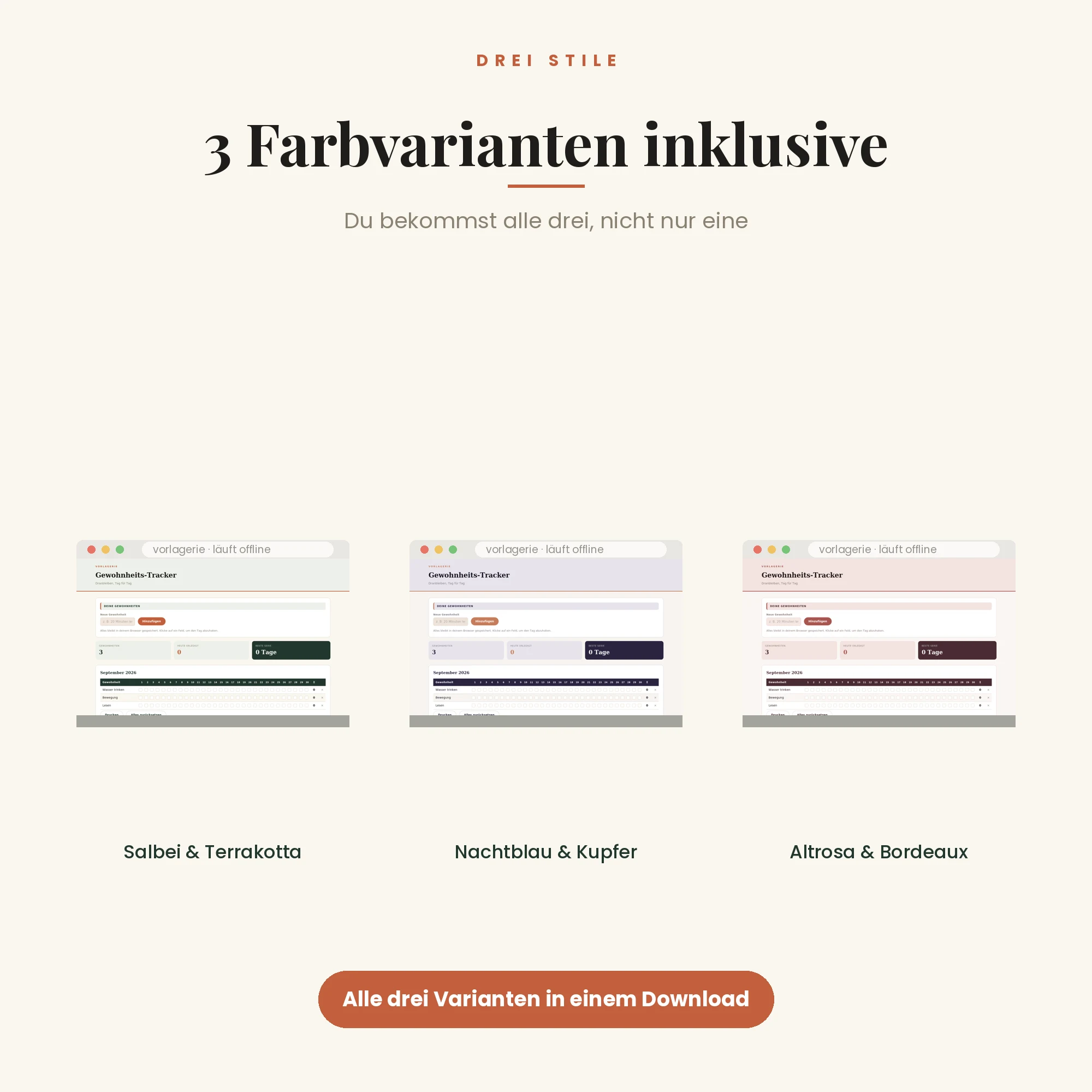 Gewohnheits-Tracker (Programm) – drei Farbvarianten inklusive