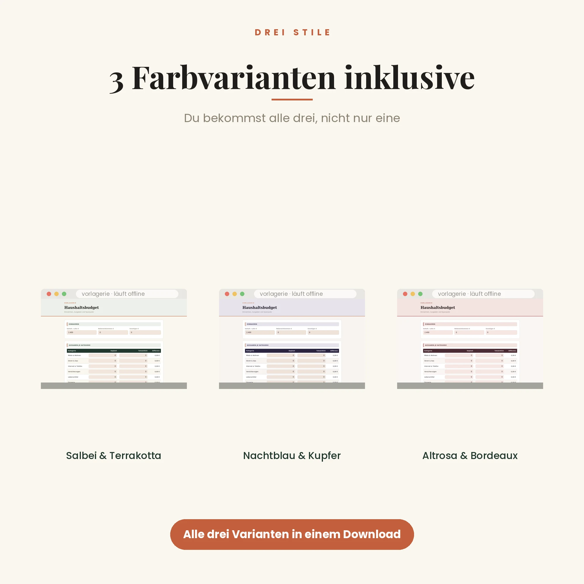 Haushaltsbudget-Rechner – drei Farbvarianten inklusive