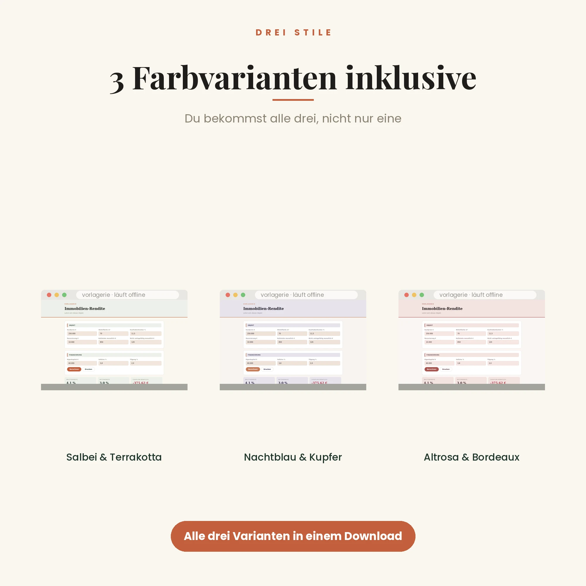 Immobilien-Renditerechner – drei Farbvarianten inklusive