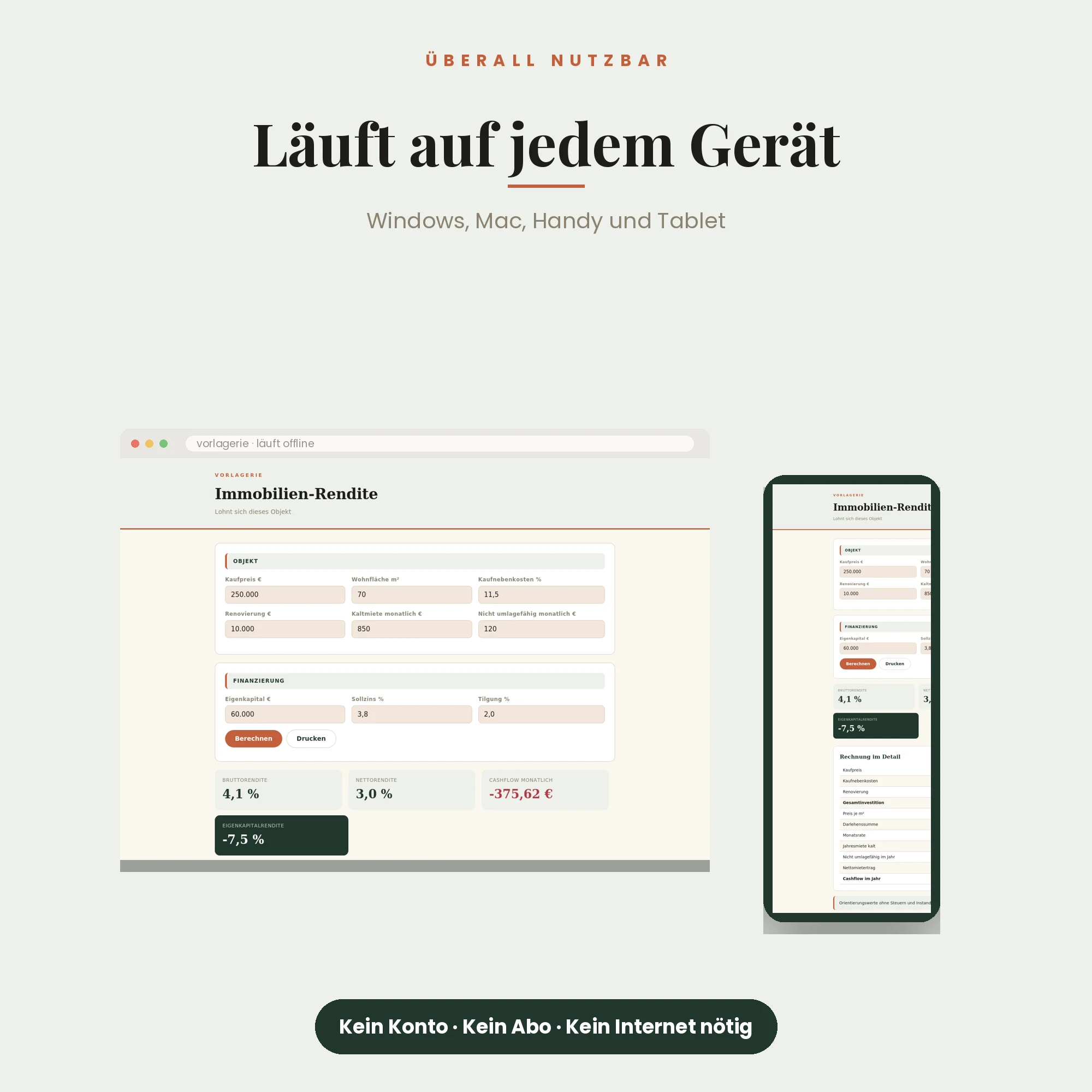 Immobilien-Renditerechner – läuft auf Windows, Mac, Handy und Tablet