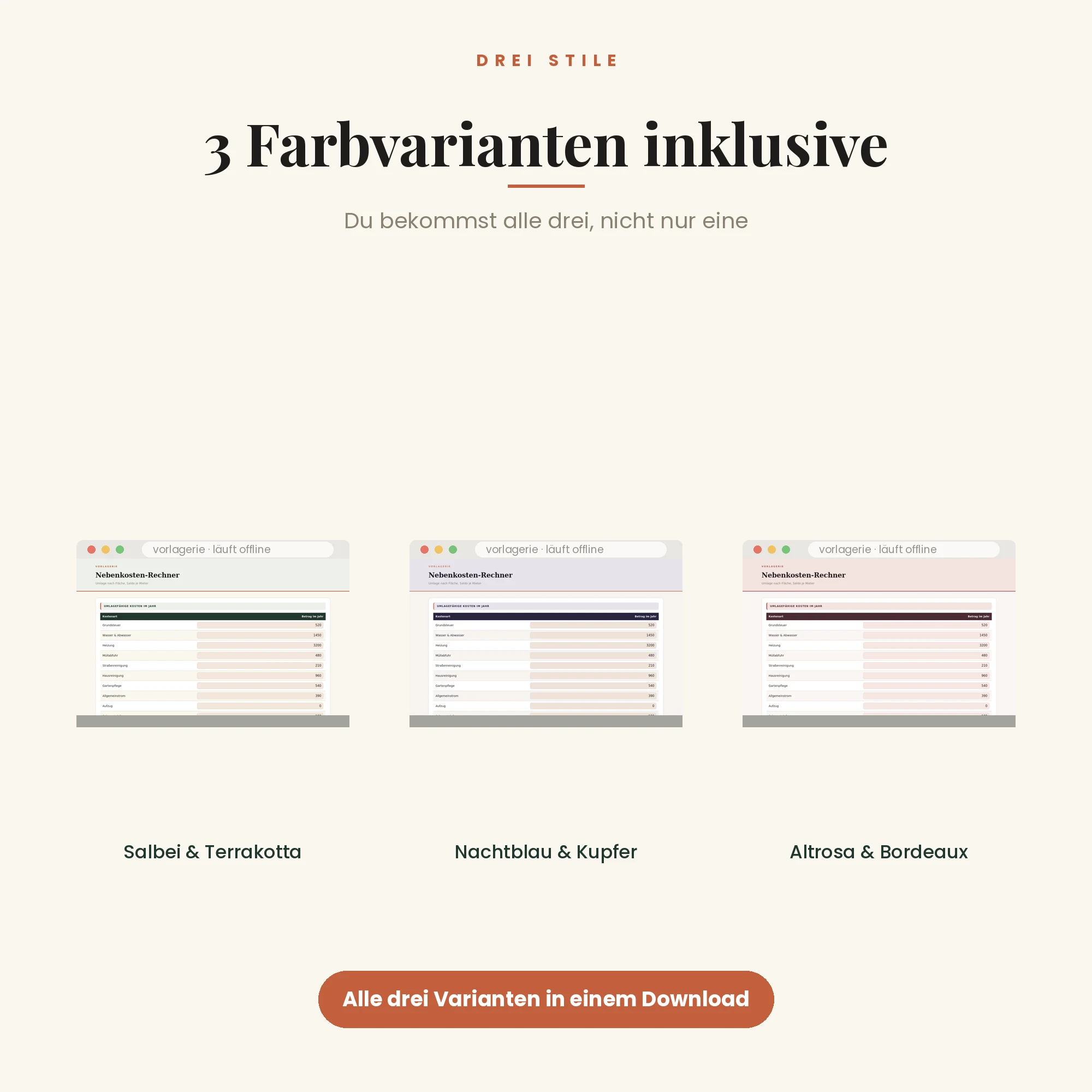 Nebenkosten-Rechner – drei Farbvarianten inklusive