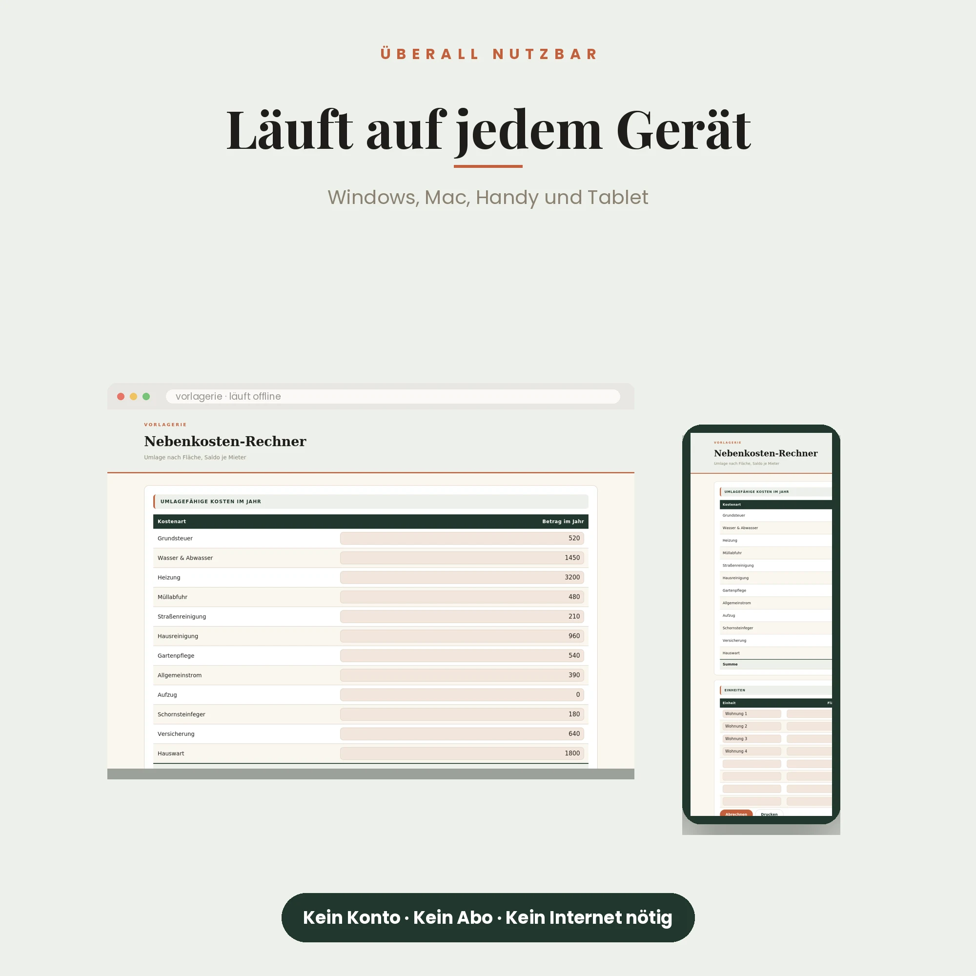 Nebenkosten-Rechner – läuft auf Windows, Mac, Handy und Tablet