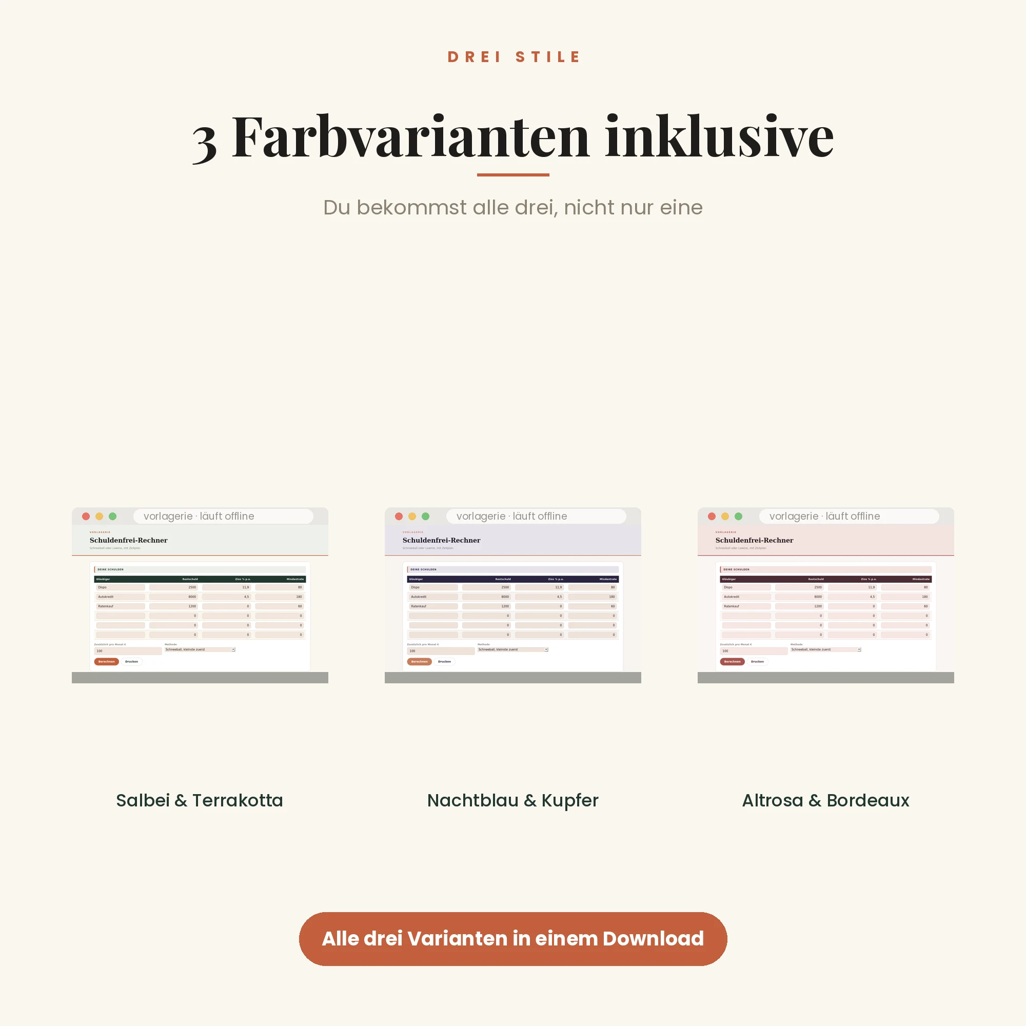 Schuldenfrei-Rechner – drei Farbvarianten inklusive