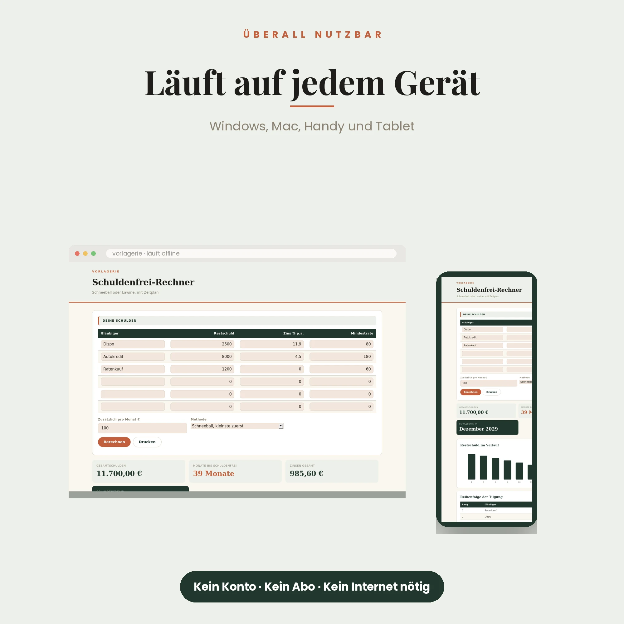 Schuldenfrei-Rechner – läuft auf Windows, Mac, Handy und Tablet
