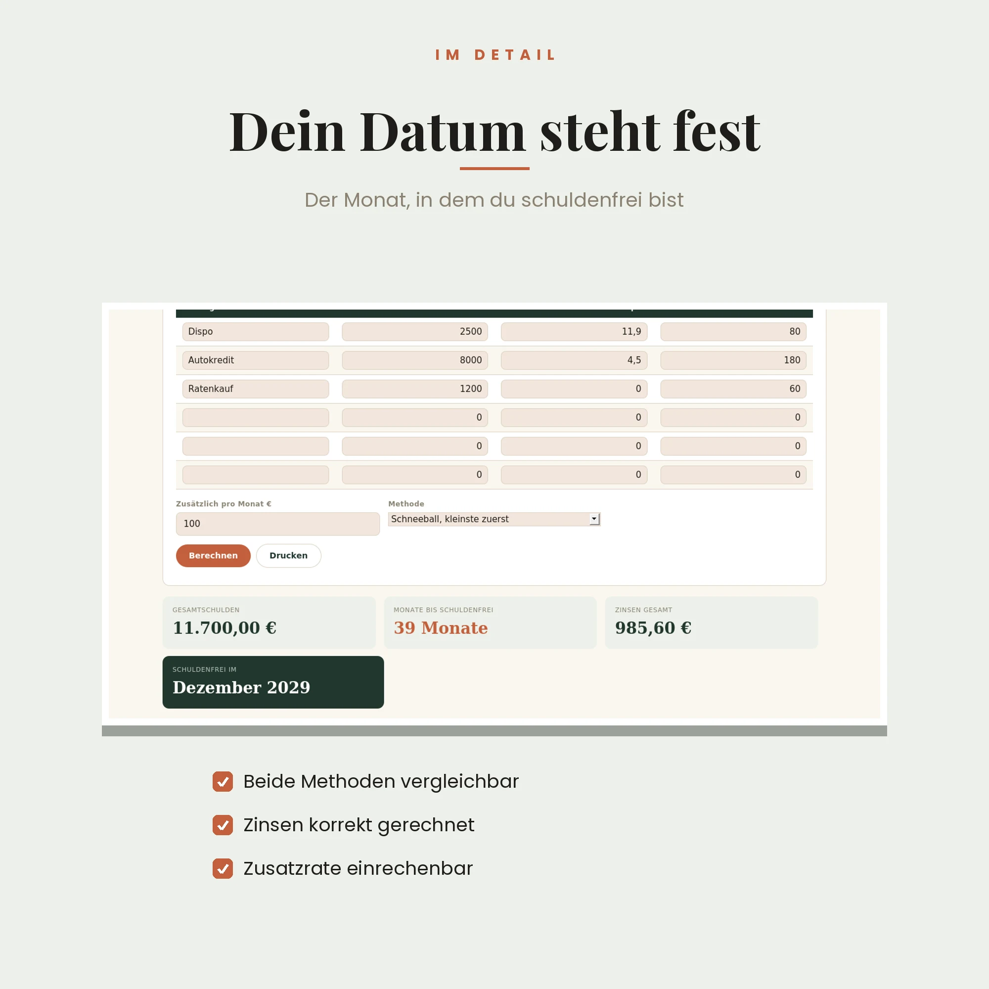 Schuldenfrei-Rechner – Detailansicht