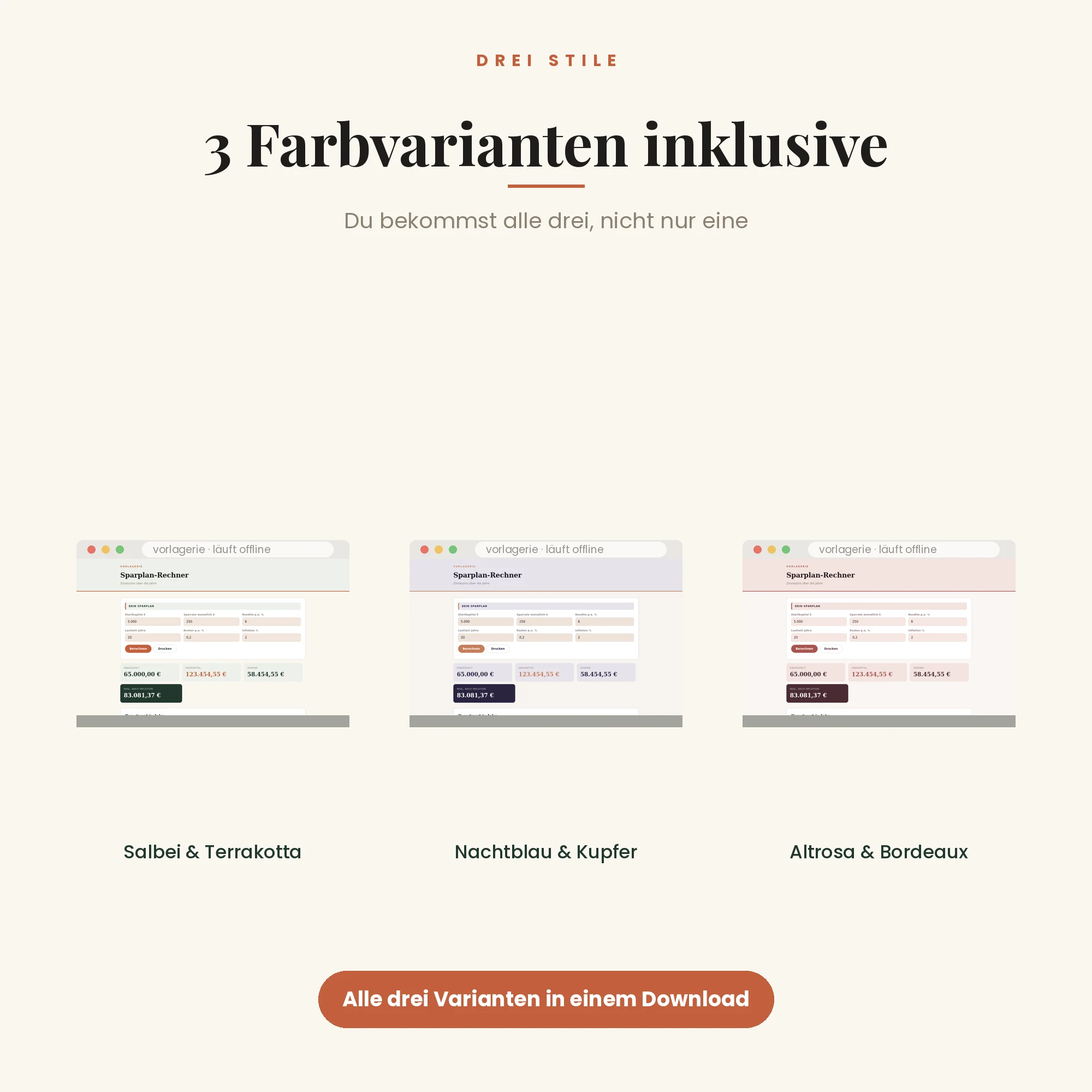 Sparplan-Rechner (Programm) – drei Farbvarianten inklusive