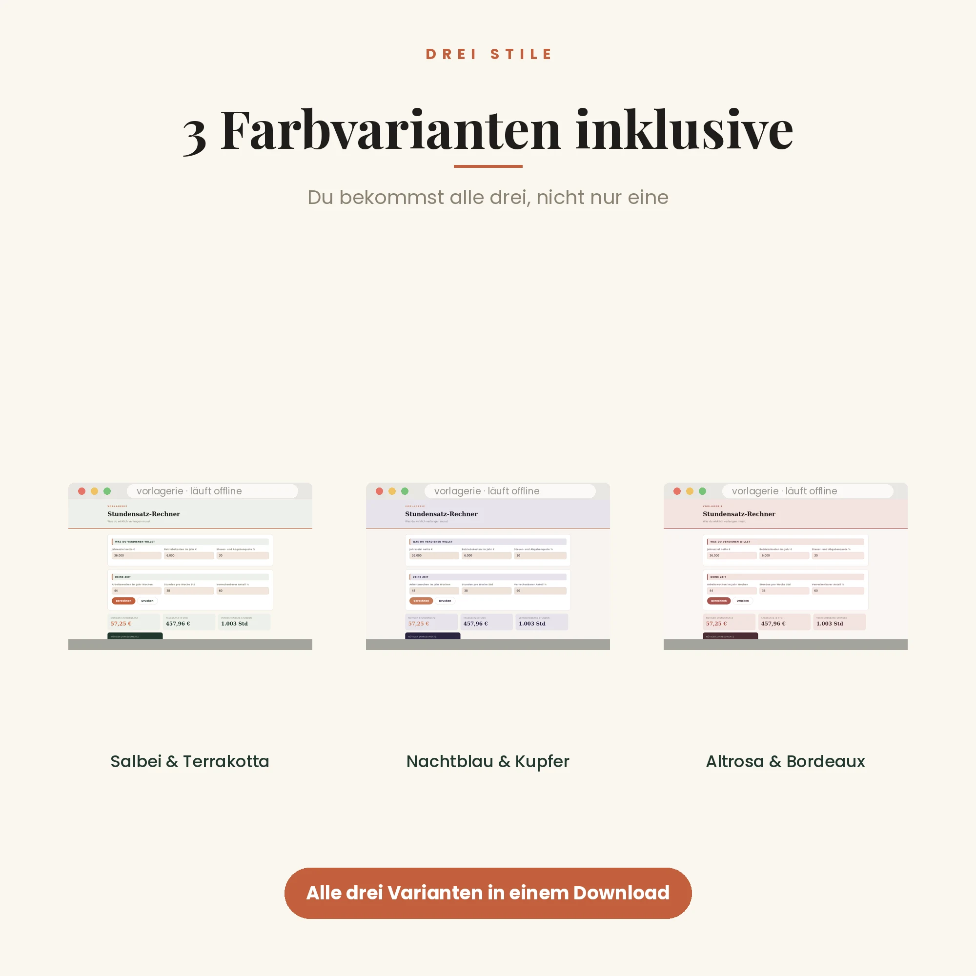 Stundensatz-Rechner – drei Farbvarianten inklusive