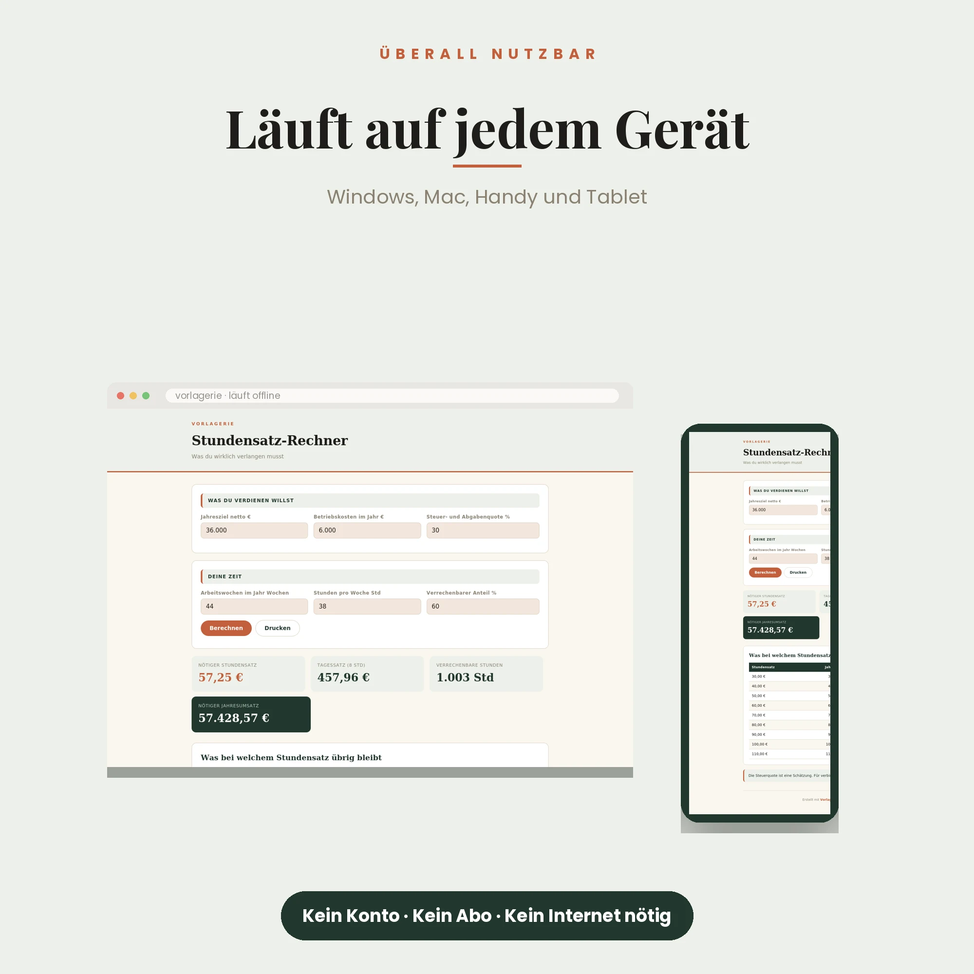 Stundensatz-Rechner – läuft auf Windows, Mac, Handy und Tablet