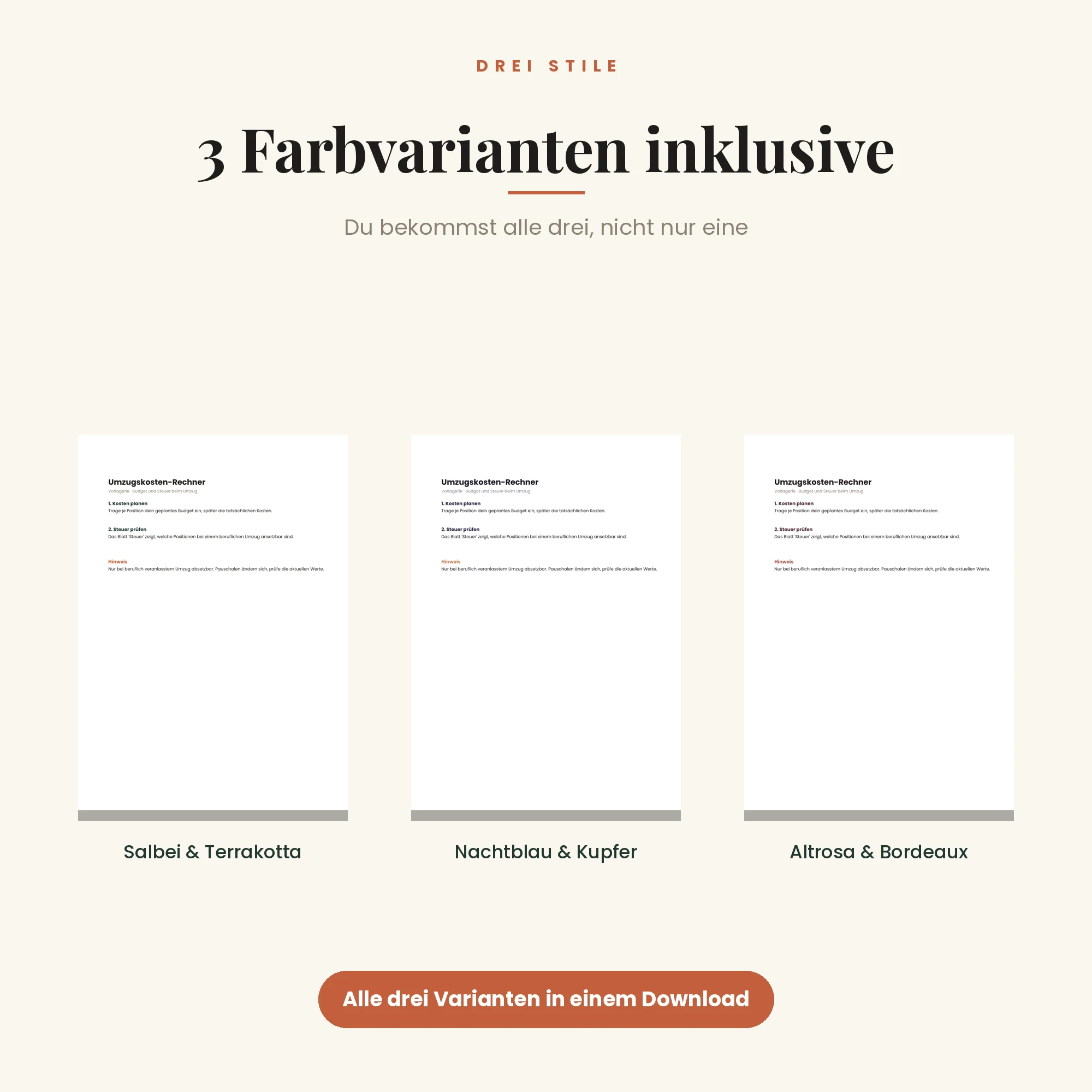 Umzugskosten-Rechner – drei Farbvarianten inklusive