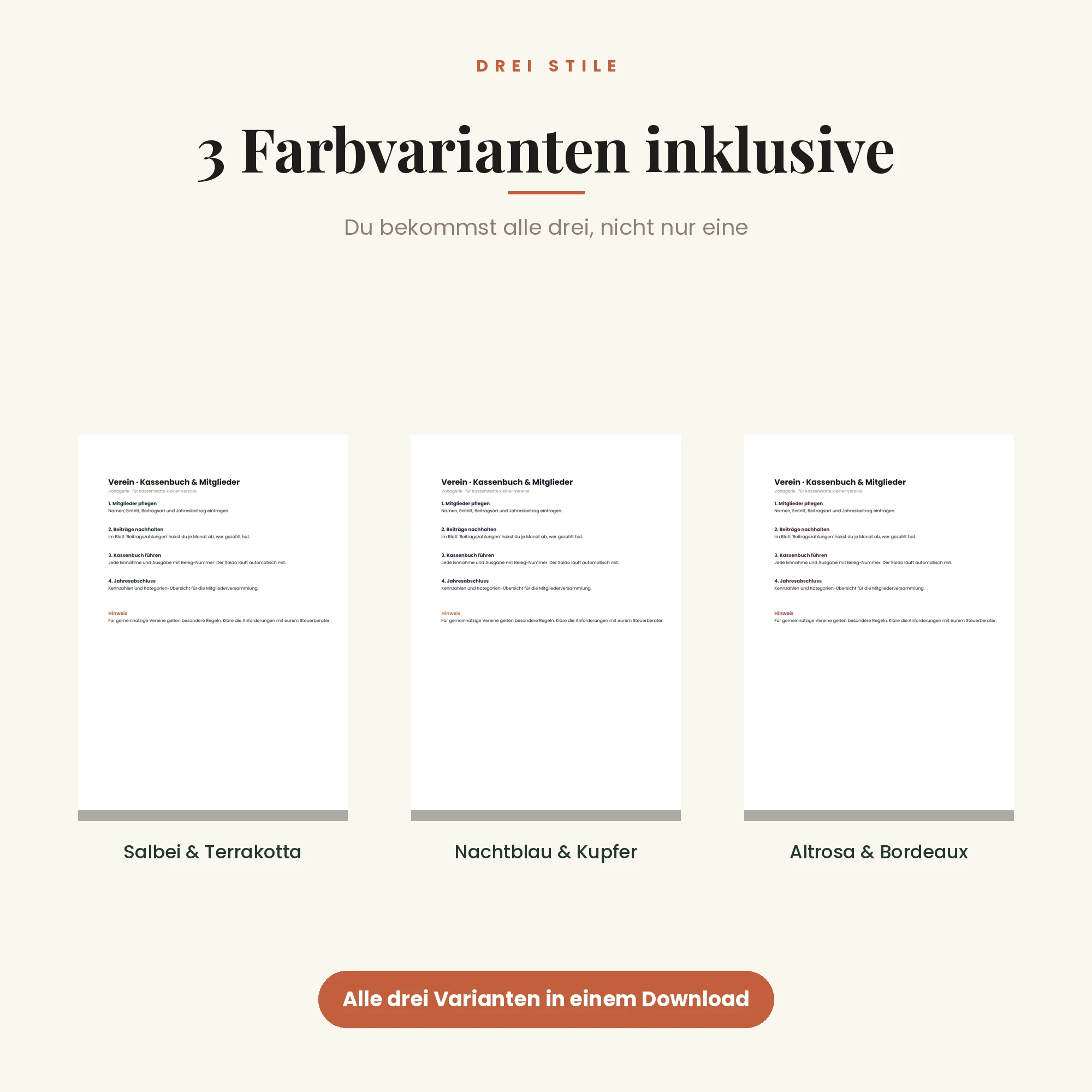 Verein · Kassenbuch & Mitglieder – drei Farbvarianten inklusive