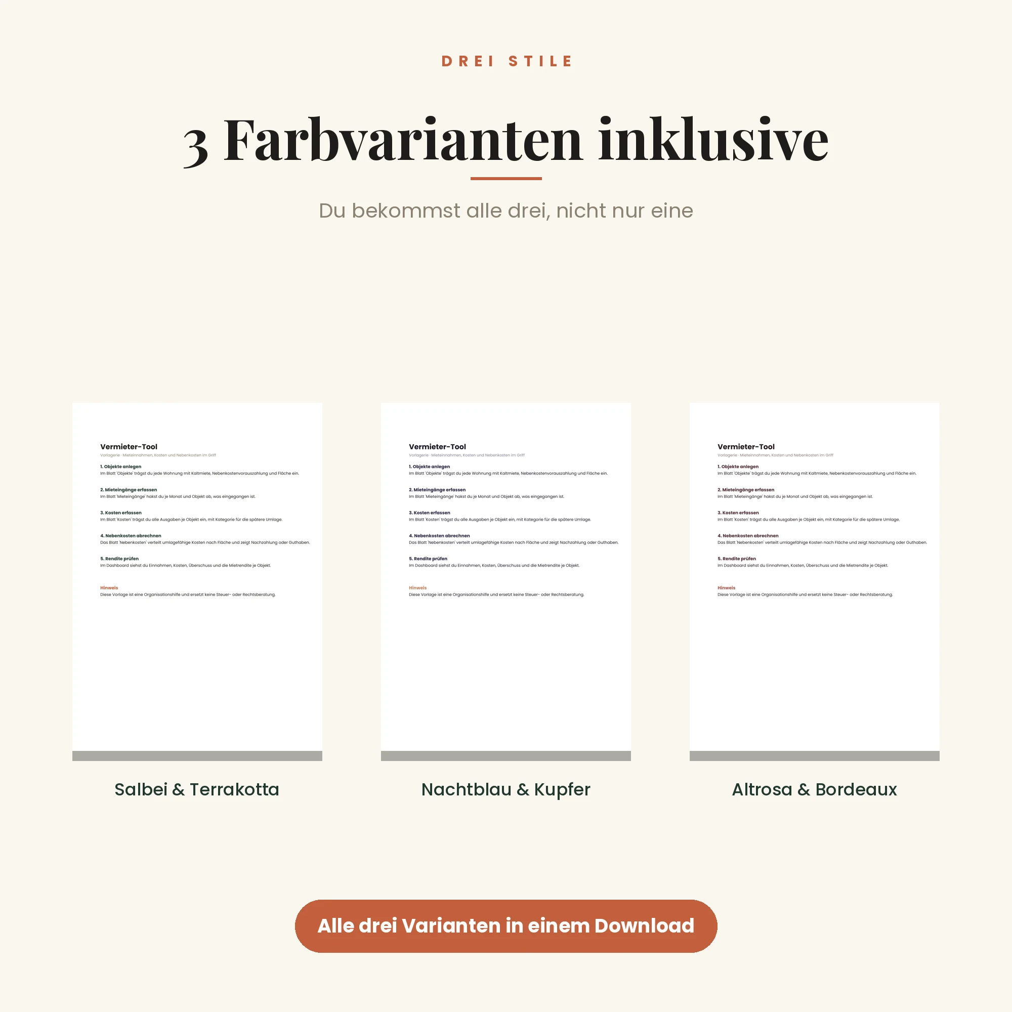 Vermieter-Tool Mietverwaltung – drei Farbvarianten inklusive