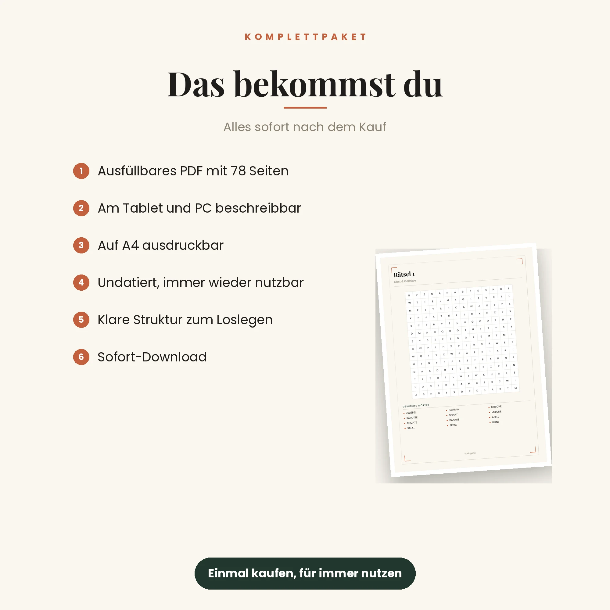 Wortsuche-Heft mit 60 Rätseln – das ist enthalten