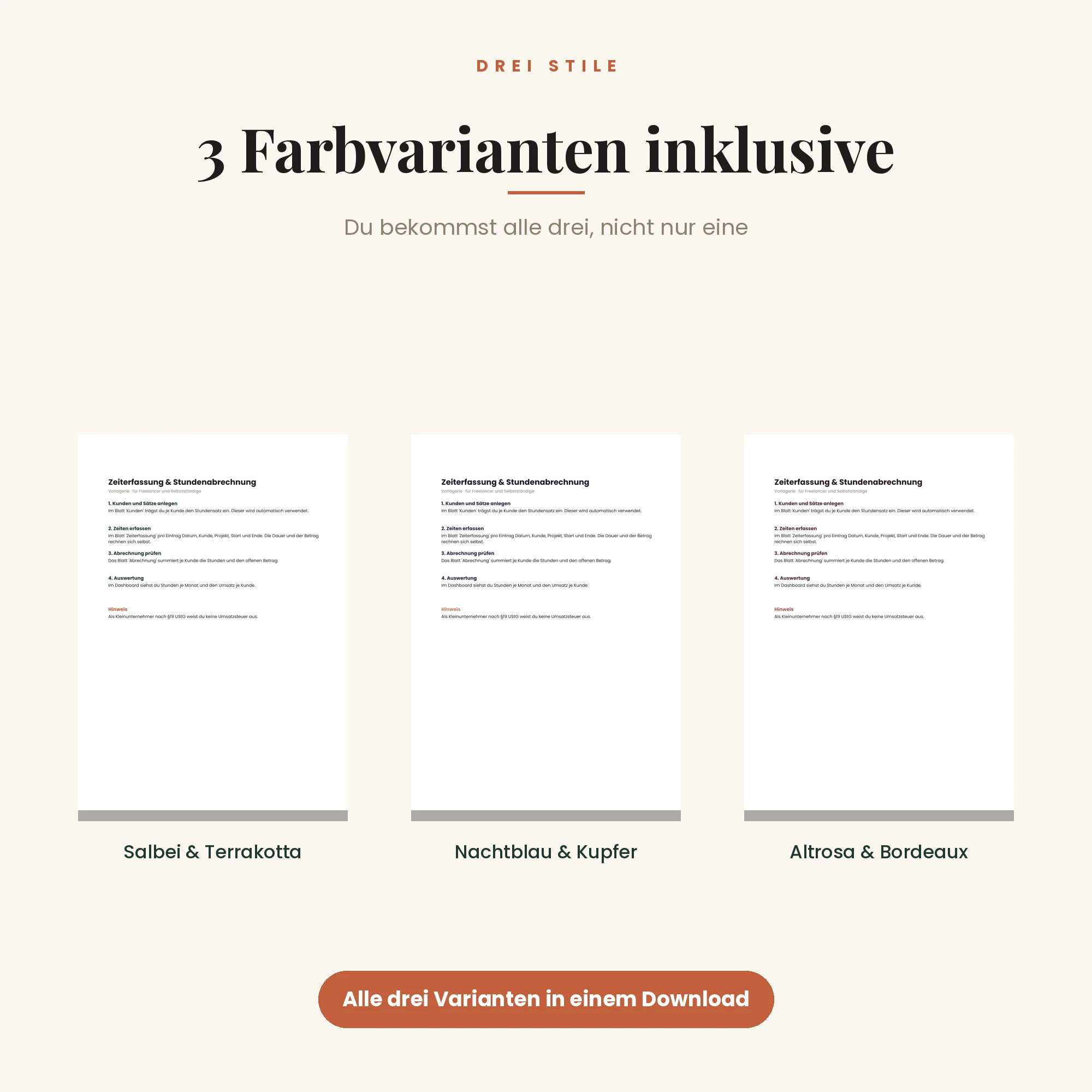 Freelancer Zeiterfassung & Abrechnung – drei Farbvarianten inklusive